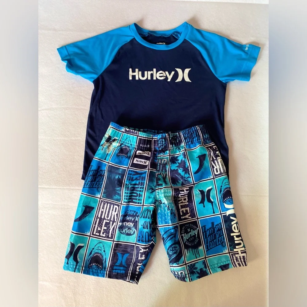 🛑SOLD🛑SOLD🛑Hurley Navy and Aqua Graphic Tee and Shorts 2 piece Swim Set, Size 7 - Picture 2 of 6